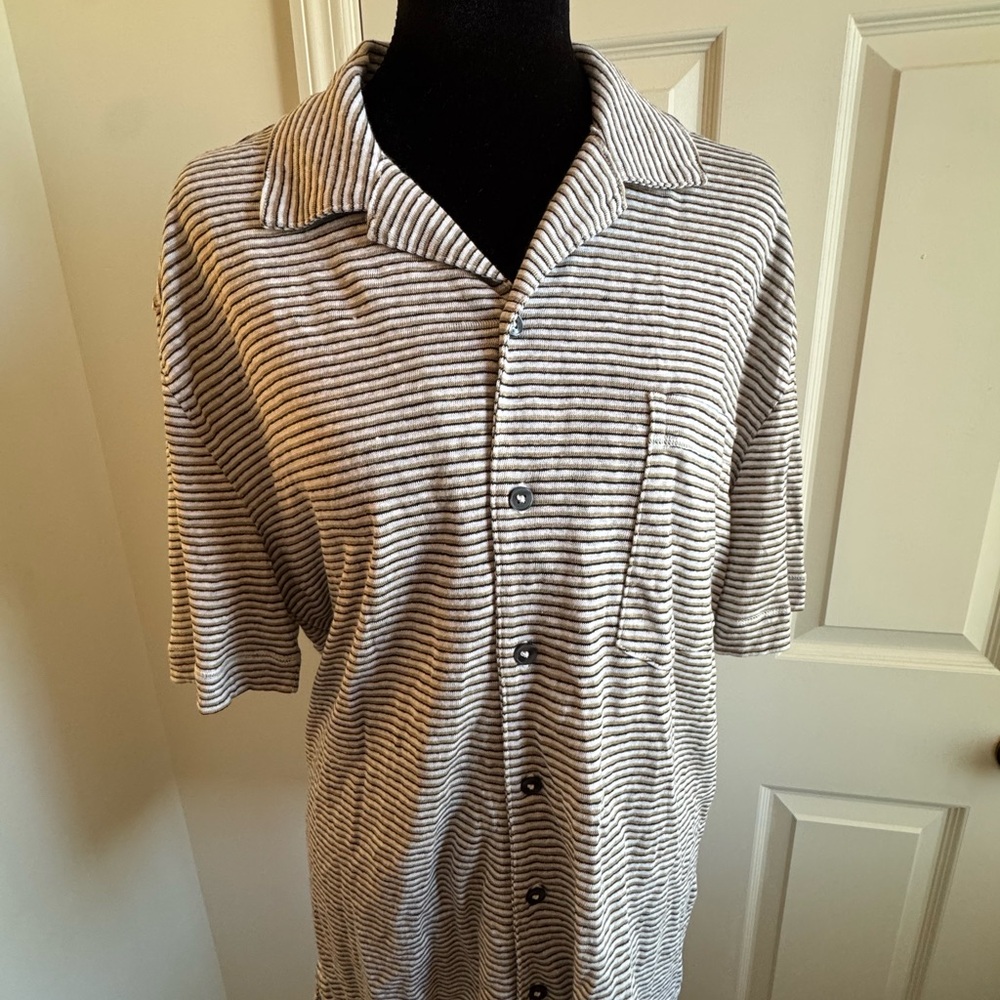 Banana Republic Men's Striped Linen Short Sleeve Shirt Beige Black White Size L
